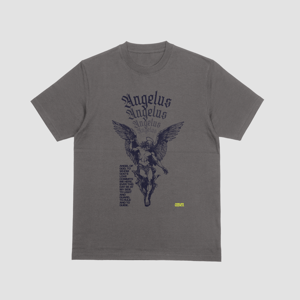 Gray t-shirt with angel graphic and 'Angelus' text on a light gray background
