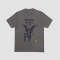 Gray t-shirt with angel graphic and 'Angelus' text on a light gray background