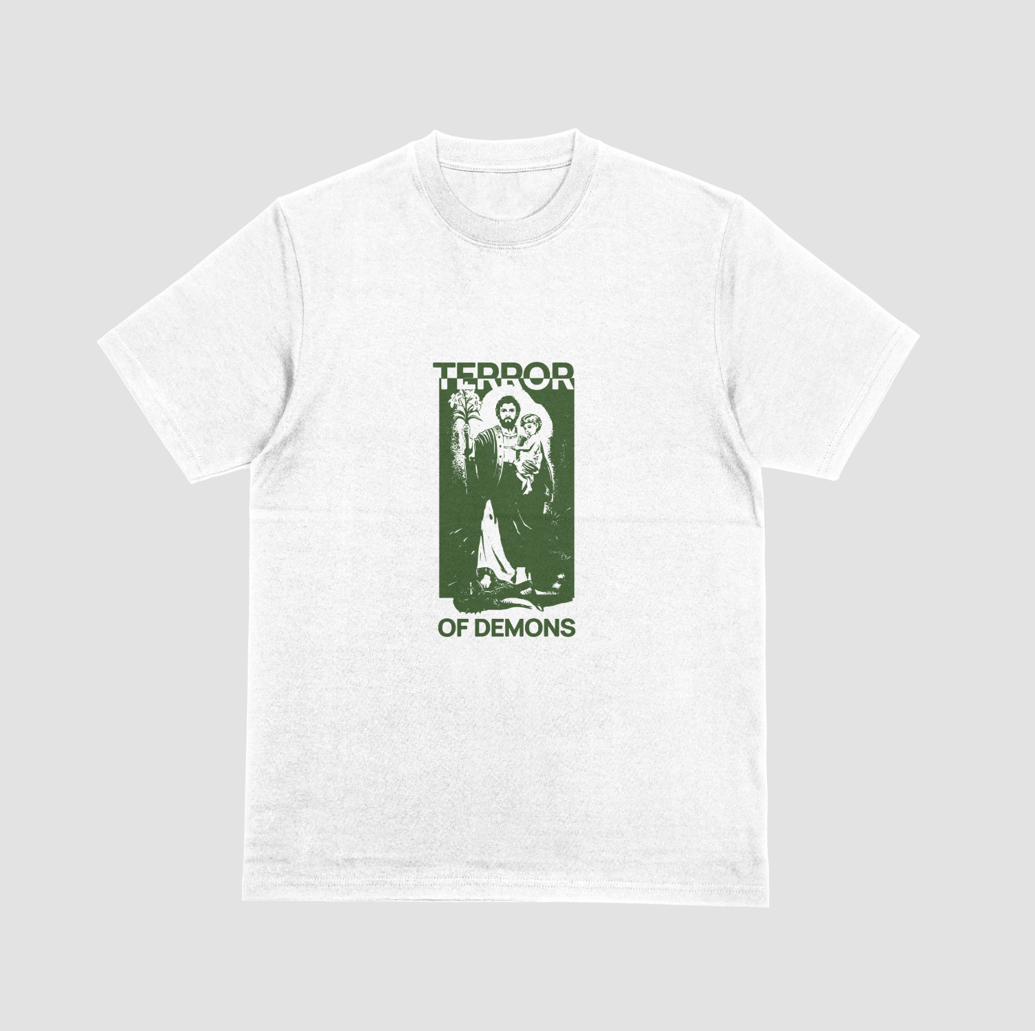 A green image of Saint Joseph holding baby Jesus stepping on a demon with the words Terror of Demons written around it